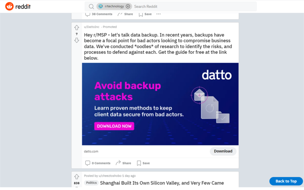 Datto Reddit advertising campaign to MSPs