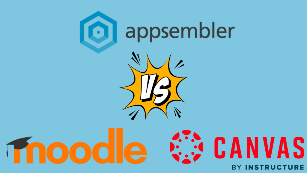 Appsembler, Canvas and Moodle logo with a versus symbol in the middle with a blue background.