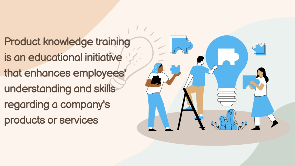 A picture with a graphic of people on the right and text on the left saying, "Product knowledge training is an education initiative that enhances employees' understanding and skills regarding a company's products or services".