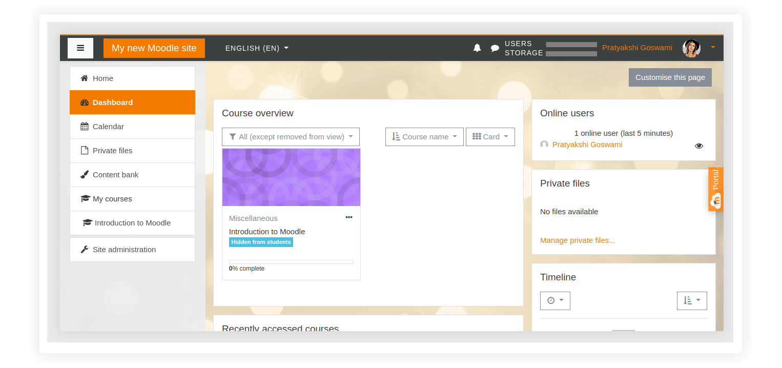 Dashboard example of the Moodle LMS