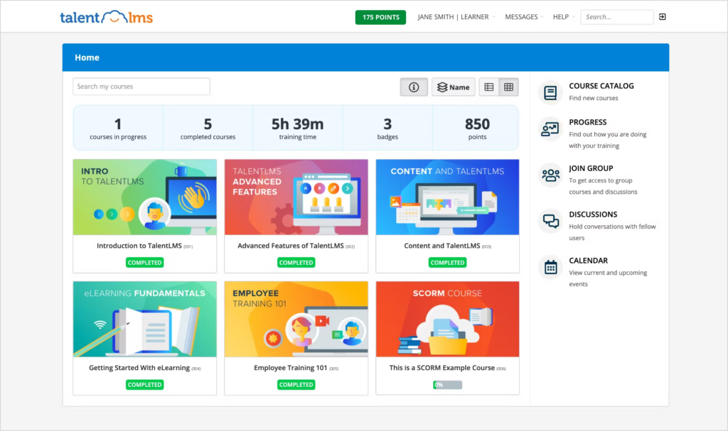 A picture showing the Talent LMS dashboard